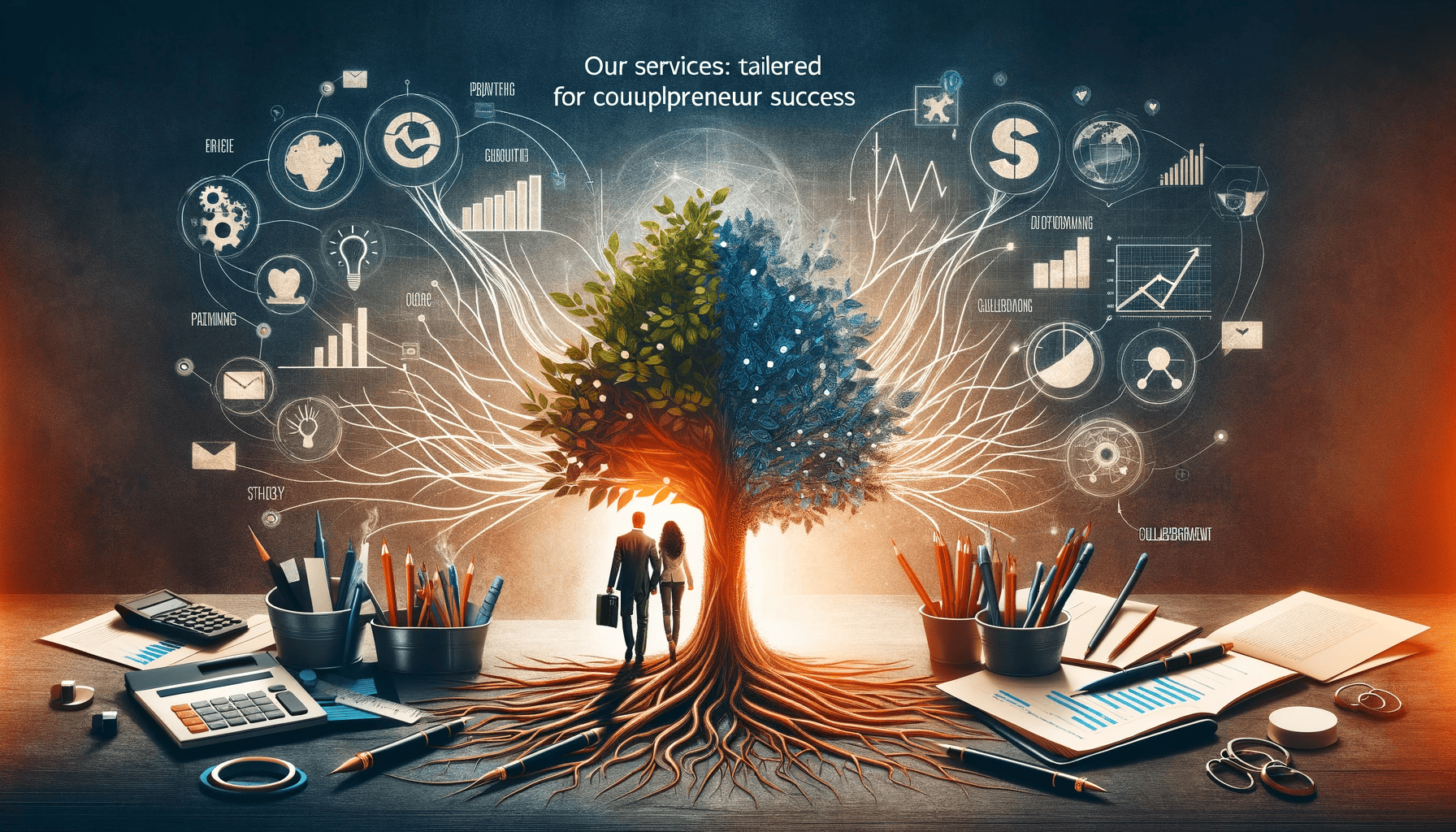 Conceptual image of intertwined tree branches representing couplepreneur growth, surrounded by business tools like charts, graphs, and digital devices, highlighting innovation and collaborative strategy in couple-run businesses.