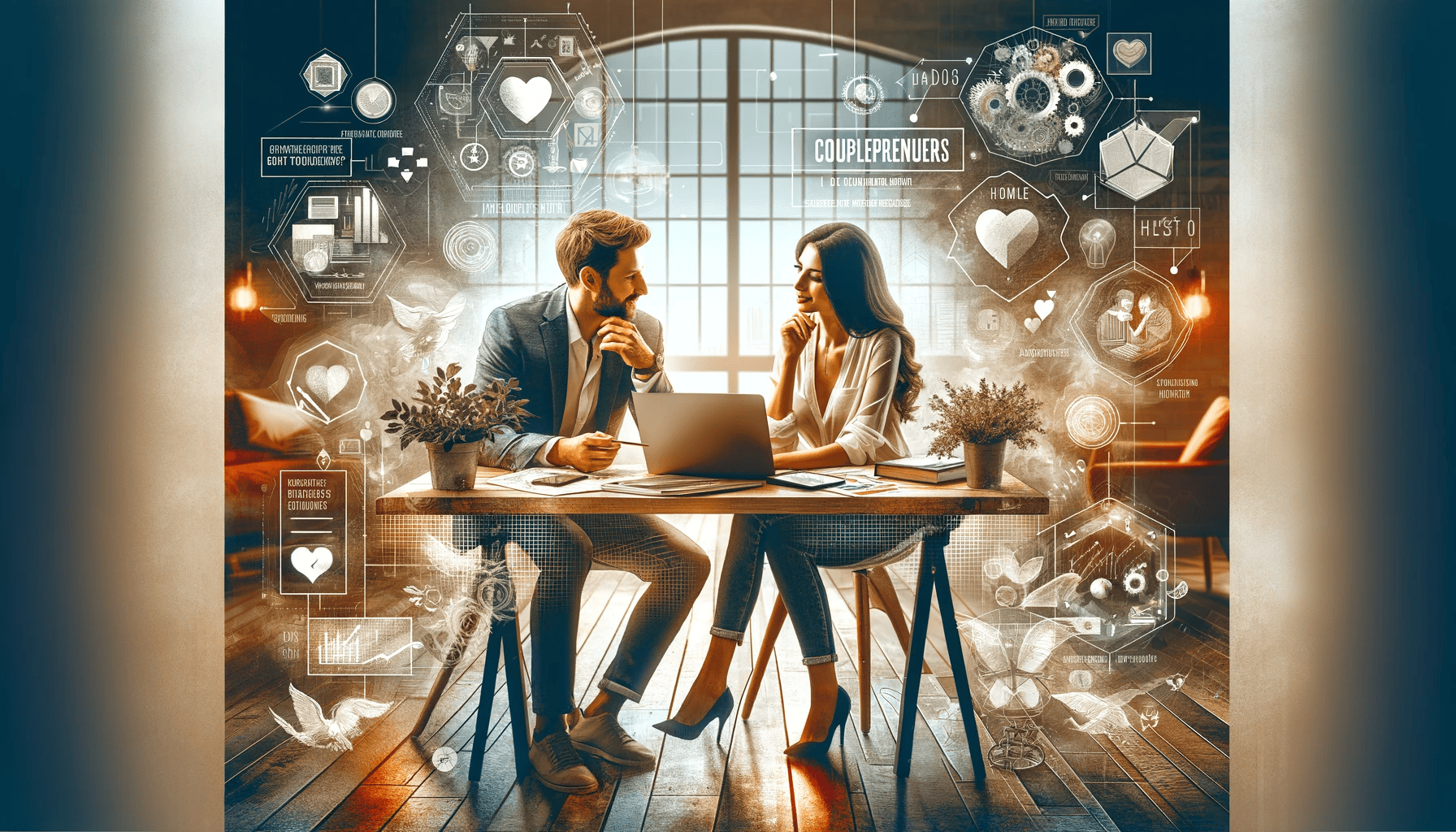 Entrepreneurial couple engaging in business discussion in a hybrid office-home environment, symbolizing the blend of professional collaboration and personal connection inherent in couplepreneurship