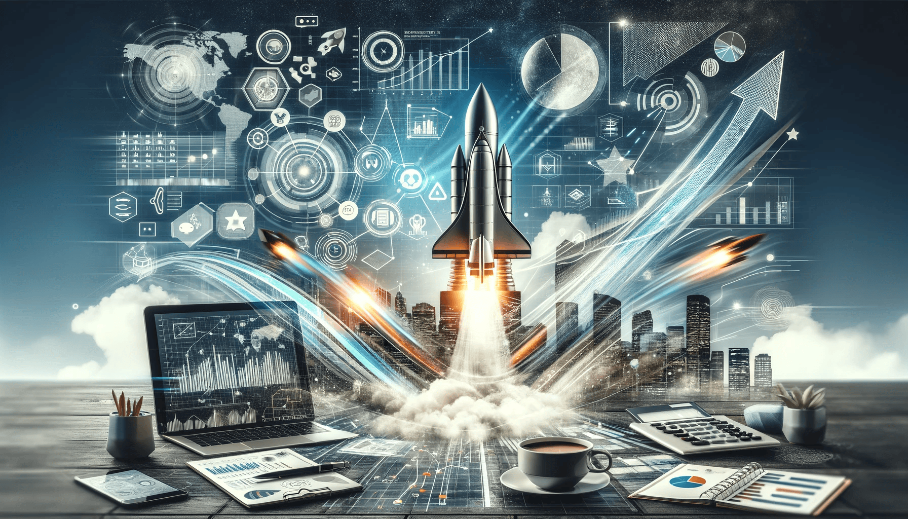 Conceptual representation of startup growth and strategy, featuring a rocket symbolizing rapid expansion, alongside charts, infographics, and digital devices, highlighting innovation and strategic planning in the startup journey.